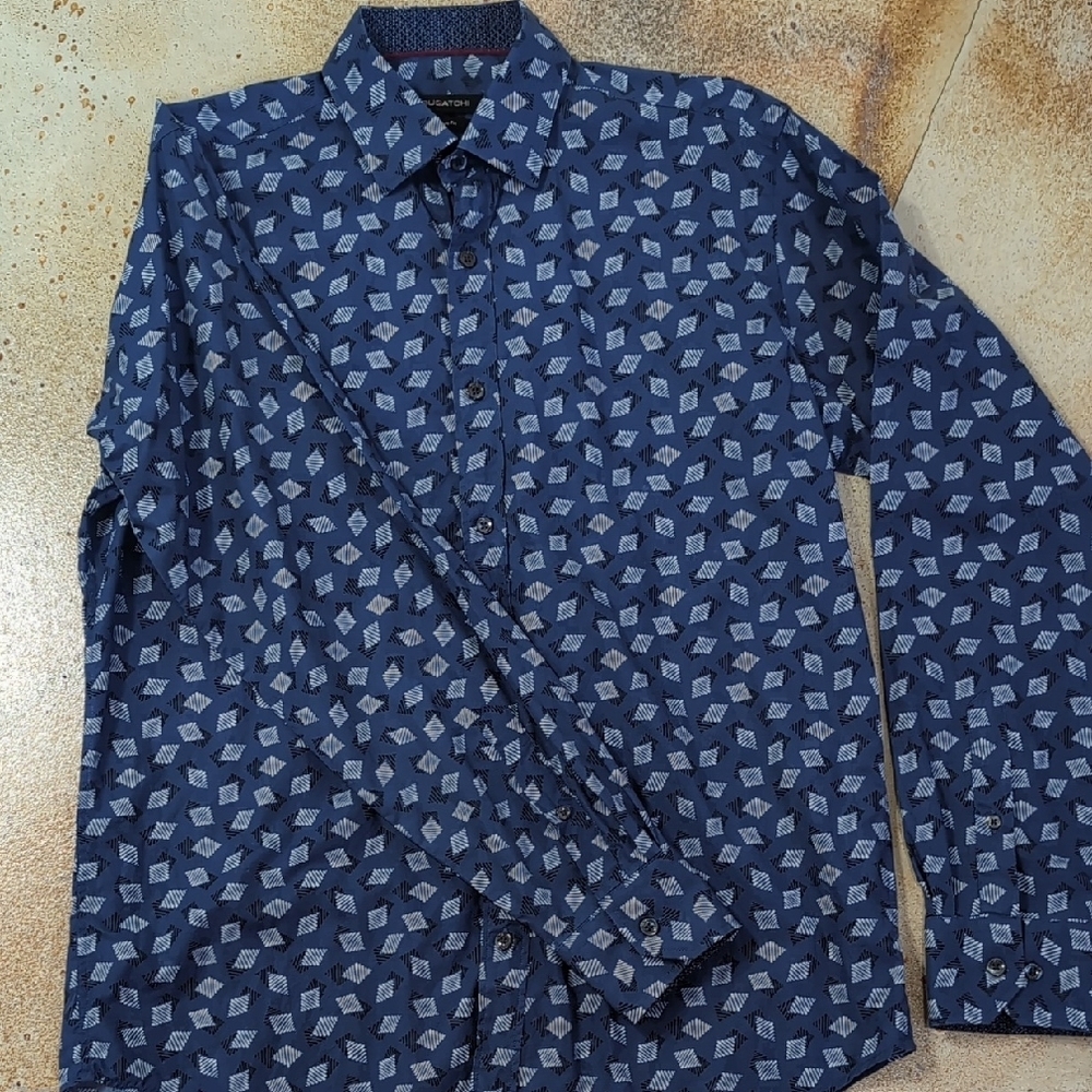 Bugatchi Cotton Blue White Geometric Patterned Button Down Dress Shirt Size M - Picture 2 of 13